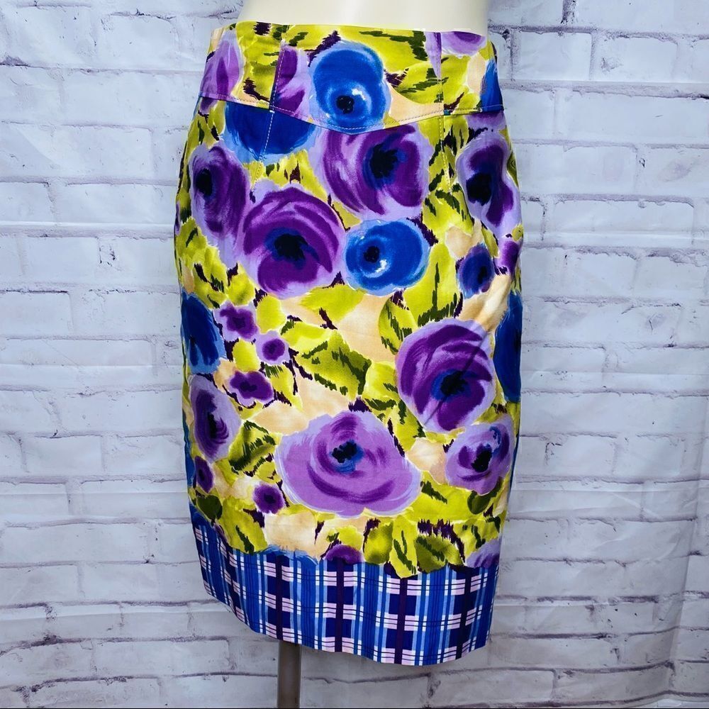 YOANNA BARASCHI ANTHROPOLOGIE Happenstance floral & plaid pencil skirt size 2